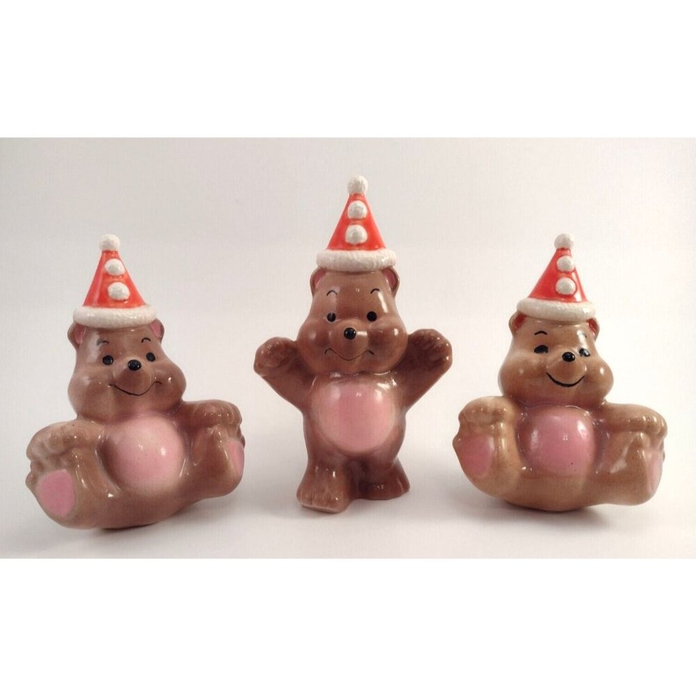 Vintage Red Party Hat Bears Ceramic Baby Shower Birthday Celebration Figurines